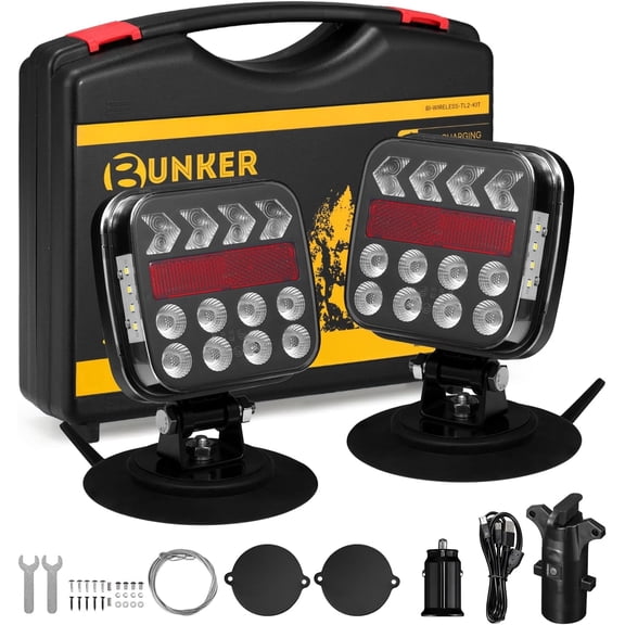 BUNKER INDUST Wireless Trailer Lights Kit, Adjustable Magnetic Towing Lights with Brake Turn Reverse Strobe Side Number Plate Light for Trucks, Boat, RV, Vehicle, Caravan