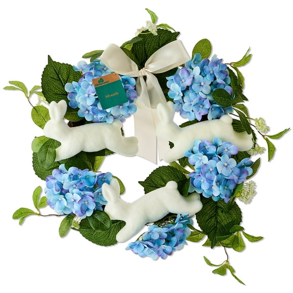 Bunny and Hydrangea Wreath, Blue and White, 22", Easter by Way To Celebrate