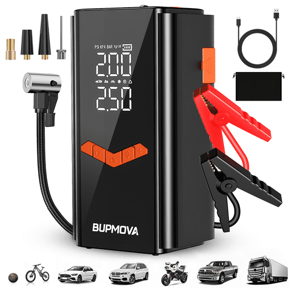 BUPMOVA 10000A Car Jump Starter Battery Pack with Air Compressor 150 PSI,12V Battery Booster Charger - Portable Tire Inflator with Power Bank, LED Light, LCD Display, up to All Gas/10L Diesel