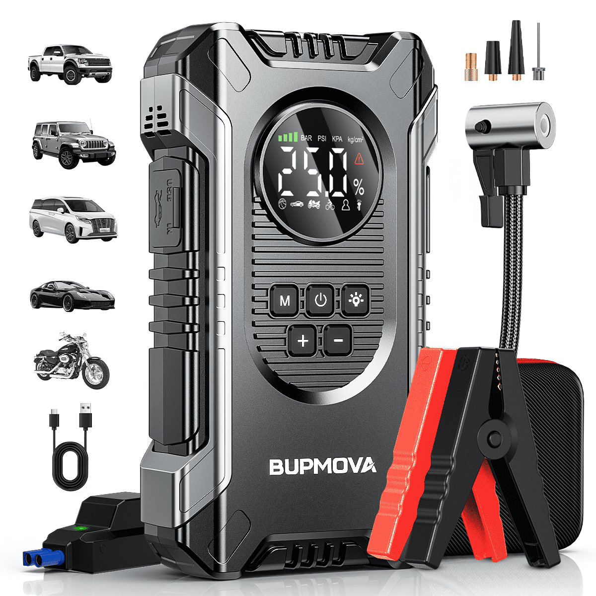 BUPMOVA 21800A Jump Starter with Air Compressor, Car Battery Jump Starter (All Gas/10.0L Diesel Engines) with 150 PSI Tire Inflator, Portable 12V Power Pack Jump Box with LCD Display, LED Lights