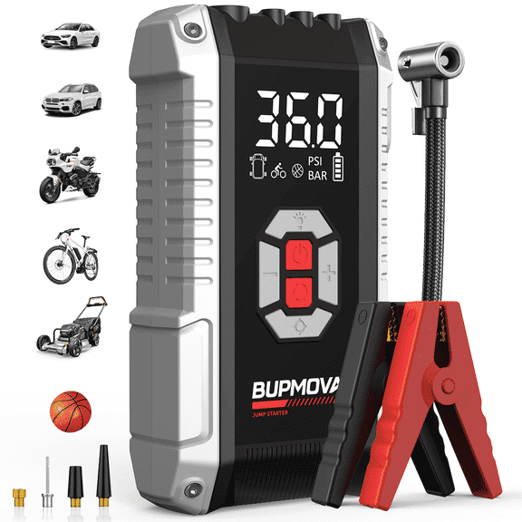 BUPMOVA 8000A Car Jump Starter with Air Compressor 150PSI, 12V Portable Jump Box Car Battery Jumper Starter (All Gas/10.0L Diesel) with Digital Tire Inflator, USB-C Cable, LED Light Emergency