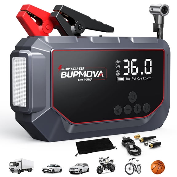 BUPMOVA Car Jump Starter with Air Compressor 150PSI (All Gas/10.0L Diesel), 9000A Peak 12V Auto Battery Jump Pack, Power Bank USB QC3.0 Outputs Portable Battery Booster Pack Jumper Box Tire inflator