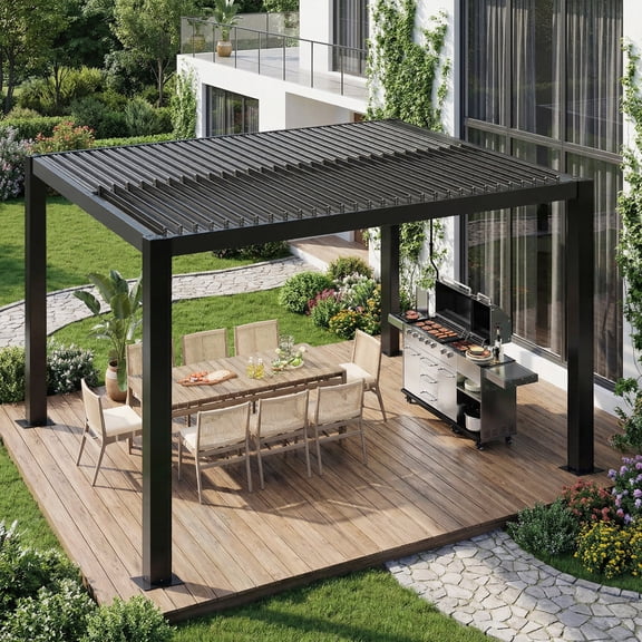 BUPPLEE 10' x 12' Outdoor Louvered Pergola, Heavy Duty Metal Patio Gazebo Pavilion with Adjustable Louver Roof & Built-In Drainage System for Backyard Lawn, Black & White Available