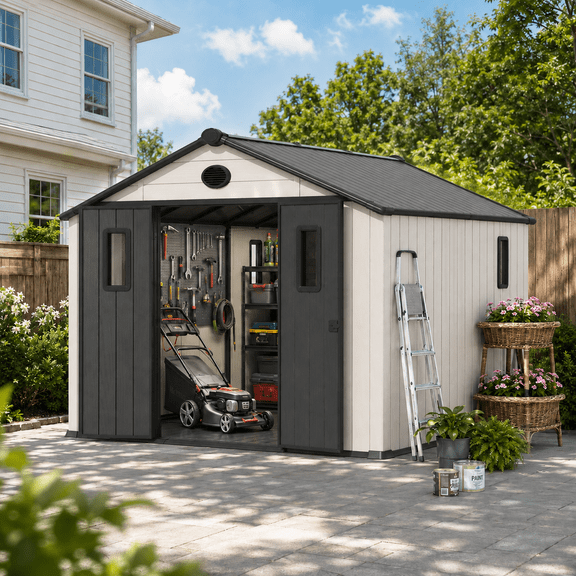 BUPPLEE 10 x 8 FT Resin Outdoor Storage Shed, Large Capacity Plastic Tool Shed with Lockable Doors and Sloping Roof for Backyard Garden Patio Lawn