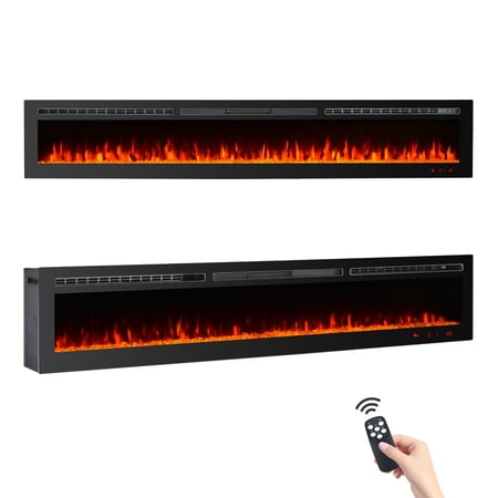 BUPPLEE 100" W Wall Recessed Electric Fireplace Heater, Remote Control LED Flame Effect