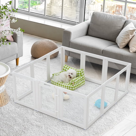 BUPPLEE 12-Panel Clear Pet Playpen with Access Door, Indoor Outdoor Puppy Dog Exercise Pen, Portable Enclosure for Dogs, Cats, Rabbits & Small Animals
