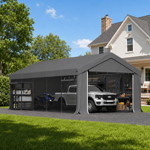 BUPPLEE 13 x 24 ft Heavy-Duty Carport Canopy, Portable Garage Tent with Adjustable Partition, Roll-Up Windows & Doors for Cars, Trucks & Boats, Gray