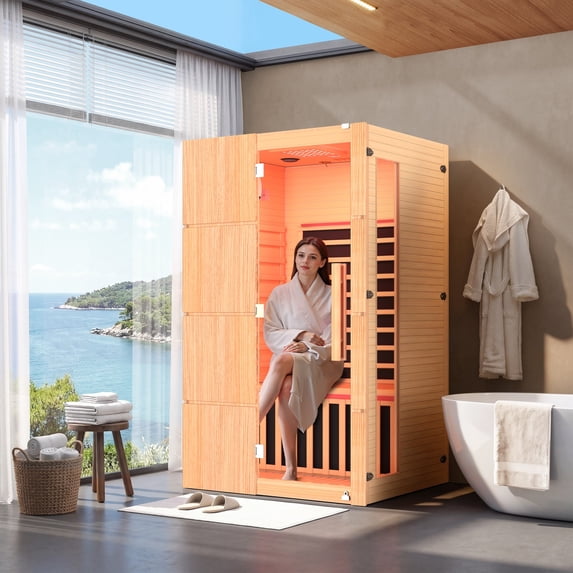 BUPPLEE 2-Person Infrared Sauna Room, Wooden Indoor Home Sauna with 7-Color Light Therapy, Bluetooth Controller