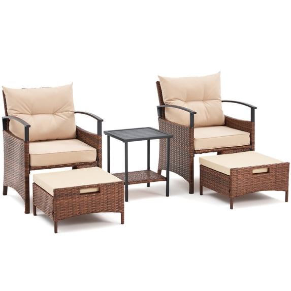 BUPPLEE 2‑Person Patio Conversation Set with Cushions, Ottomans and Metal Table