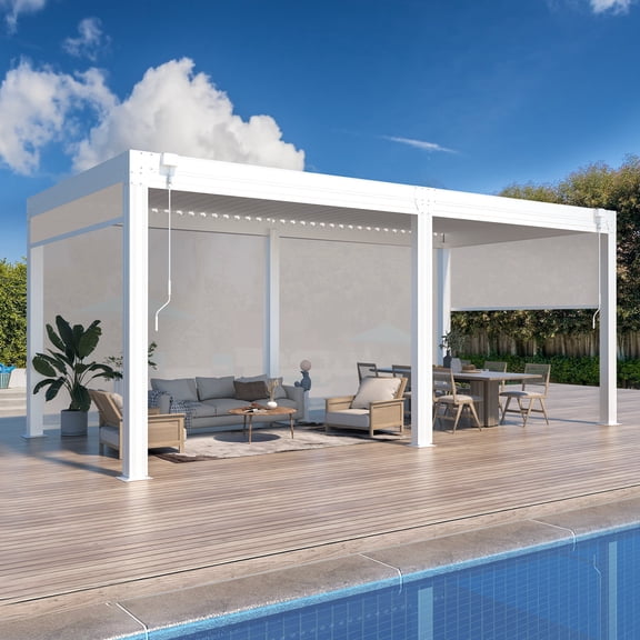 BUPPLEE 20 x 10 Ft Aluminum Louvered Pergola with Pull-Down Side Screens, Adjustable Waterproof Roof Outdoor Gazebo for Patio Deck Hot Tub, Dark Gray/White