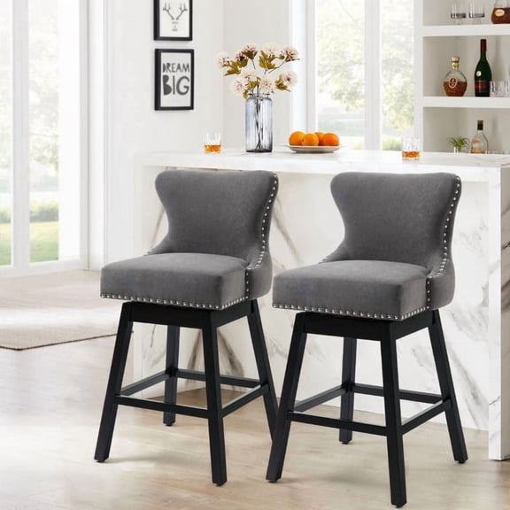 BUPPLEE 29'' Counter Height Swivel Bar Stool, Upholstered Bar Chair with Backrest, Solid Wood Legs, Bar Stools with Back Sets of 2/4, Gray