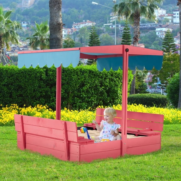 BUPPLEE 43.7 in x 43.7 in Kids Wooden Sandbox with Adjustable Canopy and Foldable Bench Cover for Backyard