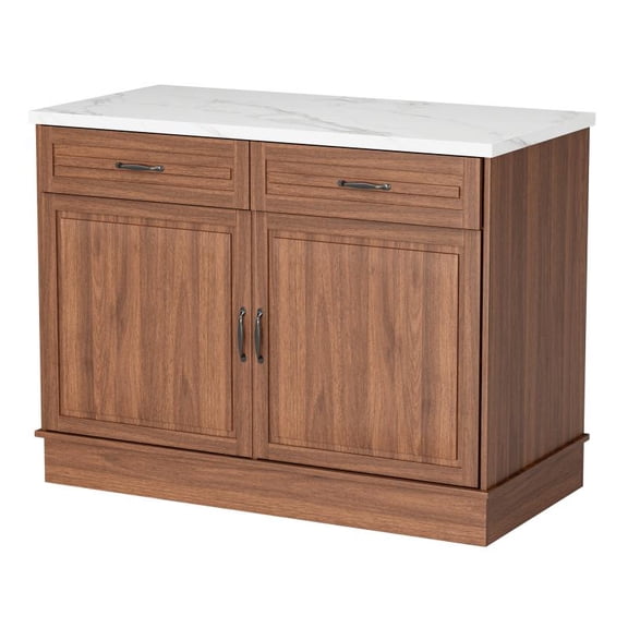 BUPPLEE 48" Coffee Walnut Kitchen Island Table - Marble Countertop & Walnut Wood Grain, 2 Drawers & 2 Cabinets for Kitchen Storage