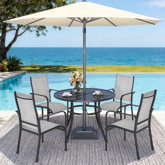 BUPPLEE 5-Piece Outdoor Dining Set with Textilene Chairs and Round Table with Umbrella Hole for Patio and Backyard