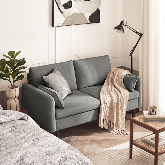 BUPPLEE 57.9 Inch Fabric Two-Seat Loveseat Sofa with Two Throw Cushions and Dual Side Storage Pockets for Apartment Living Spaces
