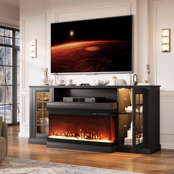 BUPPLEE 70" Fireplace TV Stand with 36" 3-Sided Electric Fireplace, LED Cabinet Lighting, Entertainment Center for TVs up to 80", Black