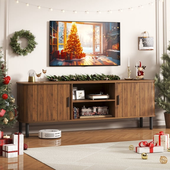 BUPPLEE 70 Inch Fluted TV Console with Sliding Tambour Doors and Storage Shelves, Fits Televisions Up To 80 Inches