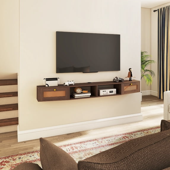BUPPLEE 70 Inch x 8 Inch Wall Mount Floating TV Console with Rattan Cabinet Doors and Open Storage Shelf, Dark Brown