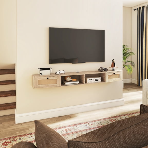 BUPPLEE 70 Inch x 8 Inch Wall Mount Floating TV Console with Rattan Cabinet Doors and Open Storage Shelf, Dark Brown