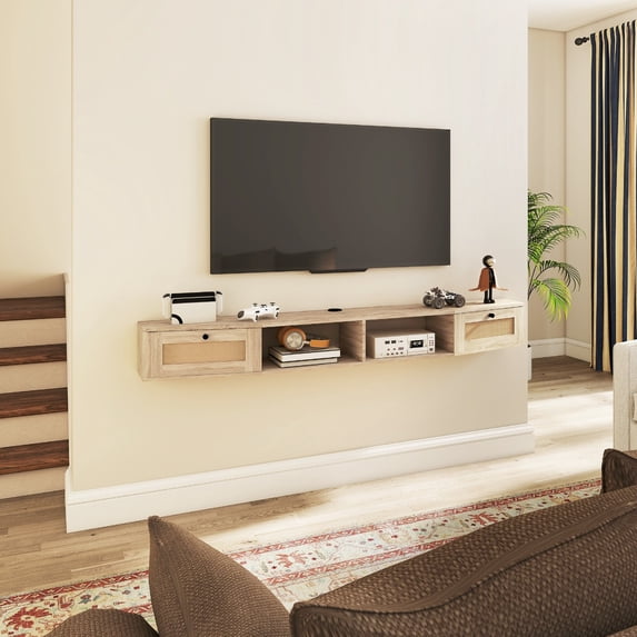 BUPPLEE 70 Inch x 8 Inch Wall Mount Floating TV Console with Rattan Cabinet Doors and Open Storage Shelf, Dark Brown