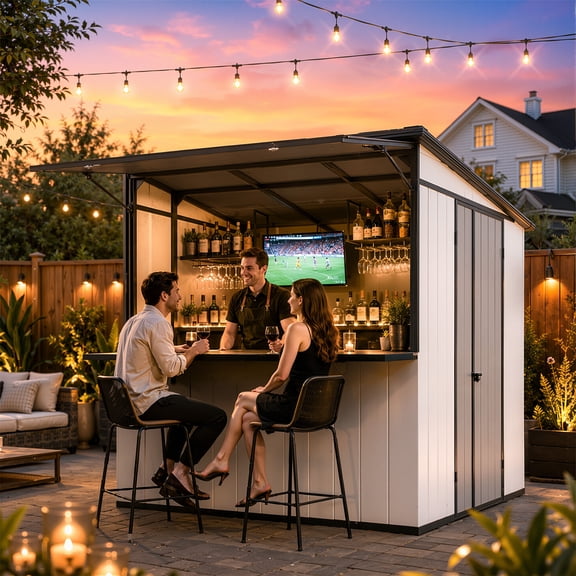 BUPPLEE 7x6 FT Metal Outdoor Storage Shed, Backyard Bar Cabana with Foldable Bar Counter, Hydraulic Supported Overhang, Lockable Small Shed for Patio Storage & Entertainment