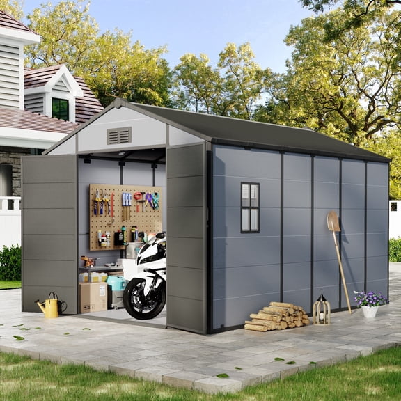 BUPPLEE 8 x 12 ft Resin Outdoor Storage Shed, Plastic Garden Shed with Built-in Floor & Lockable Door, Weather-Resistant for Backyard, Patio & Lawn