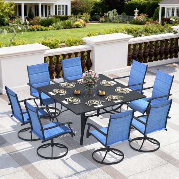 BUPPLEE 9-Piece Outdoor Dining Set for 8 with Swivel Chairs, Square Metal Table with Umbrella Hole for Patio, Deck and Backyard