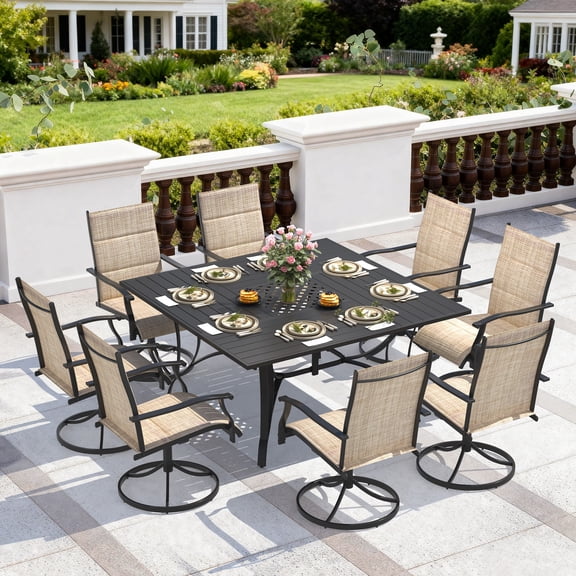 BUPPLEE 9-Piece Outdoor Dining Set for 8 with Swivel Chairs, Square Metal Table with Umbrella Hole for Patio, Deck and Backyard