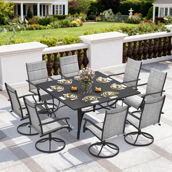 BUPPLEE 9-Piece Outdoor Dining Set for 8 with Swivel Chairs, Square Metal Table with Umbrella Hole for Patio, Deck and Backyard