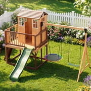 BUPPLEE Cedar Wood Swing Set with Playhouse, Slide and Saucer Swing, Ages 3+