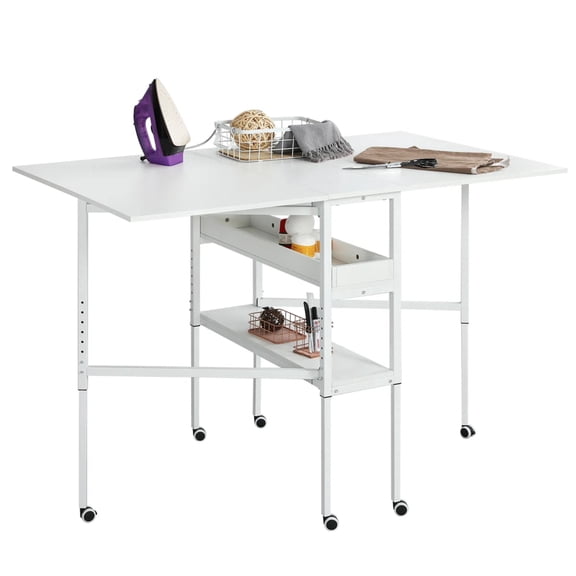 BUPPLEE Folding Sewing Table, Height Adjustable Collapsible Rolling Craft table with Storage Shelves, Space Saving Multipurpose Sewing Desk for Home Office Use