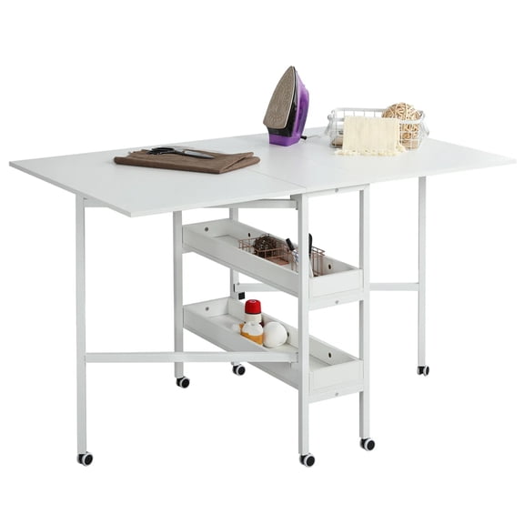 BUPPLEE Collapsible Sewing Desk with Wheels - Space-Saving Craft Workstation & Fabric Cutting Table with Storage Shelves, Multipurpose Rolling Hobby Cart for Adults & Home Office