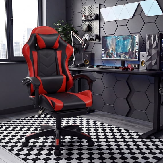 BUPPLEE Ergonomic Adjustable PVC Game Desk Chair, 360° Swivel & 90°-135° Recline, Height Adjustable Office Chair for Home, Red, Blue, Black, White