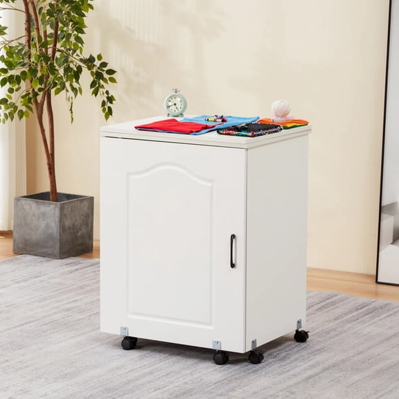 BUPPLEE Folding Sewing Table with Lift-Up Sewing Machine Platform, Storage Shelf and Lockable Casters