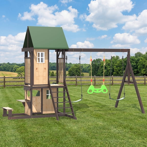 BUPPLEE Kids Swing Set for Backyard, Outdoor Playground Equipment with Wave Slide and Belt Swings, Multi-Functional Backyard Play Set for Children