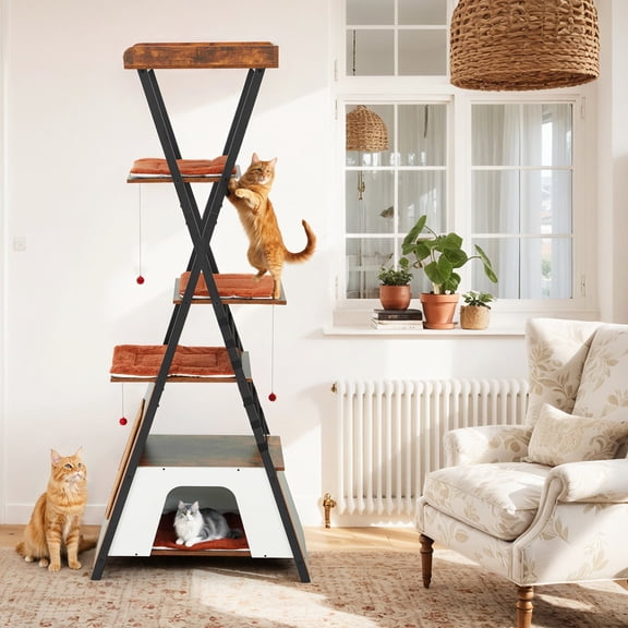 BUPPLEE Modern Wood Cat Tree for Indoor Cats - Sturdy Industrial Cat Tower with Large Condo, Removable Washable Mats, Heavy Duty Multi-Level Pet Activity Center with Sisal Scratching Post