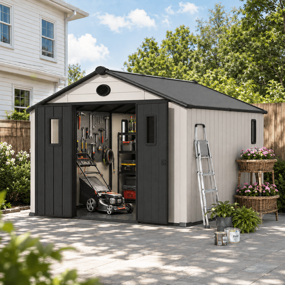 BUPPLEE Outdoor Storage Shed, Large Capacity Plastic Tool Shed with Lockable Doors and Sloping Roof for Backyard Garden Patio Lawn, Multiple Sizes