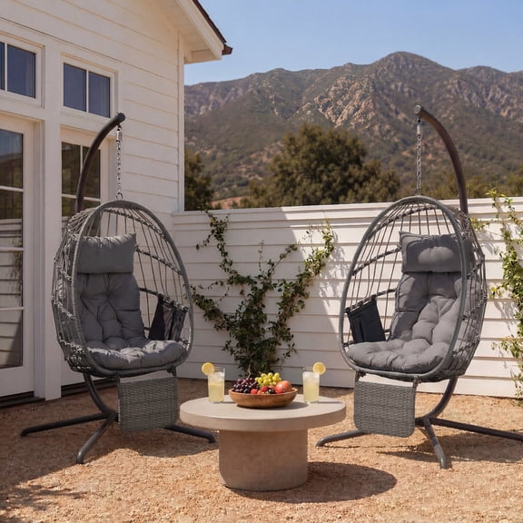 BUPPLEE Single Egg Swing Chair with Stand, 350 LBS Weight Capacity All Weather PE Rattan Chair with Cushion, Multi Color Options