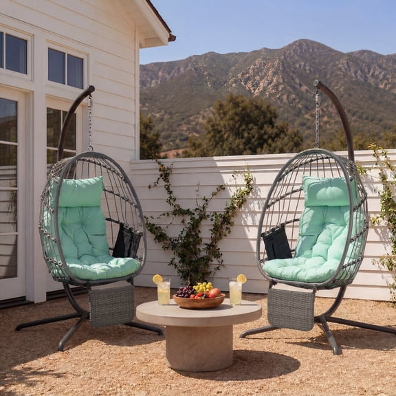 BUPPLEE Single Egg Swing Chair with Stand, 350 LBS Weight Capacity All Weather PE Rattan Chair with Cushion, Multi Color Options