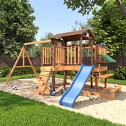 BUPPLEE Wooden Swing Set with Playhouse for Kids, 2 Belt Swings, Wave Slide, Climbing Wall, Monkey Bars and Sandbox, Outdoor Backyard Playset
