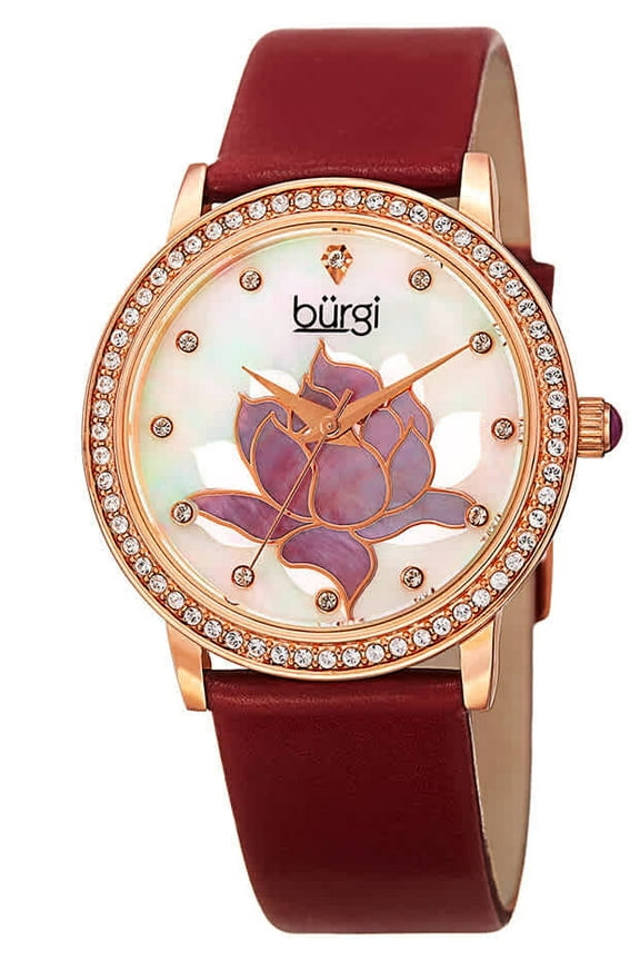 BUR159RD Swarovski Crystal Mother of Pearl Flower Red Leather Womens Watch