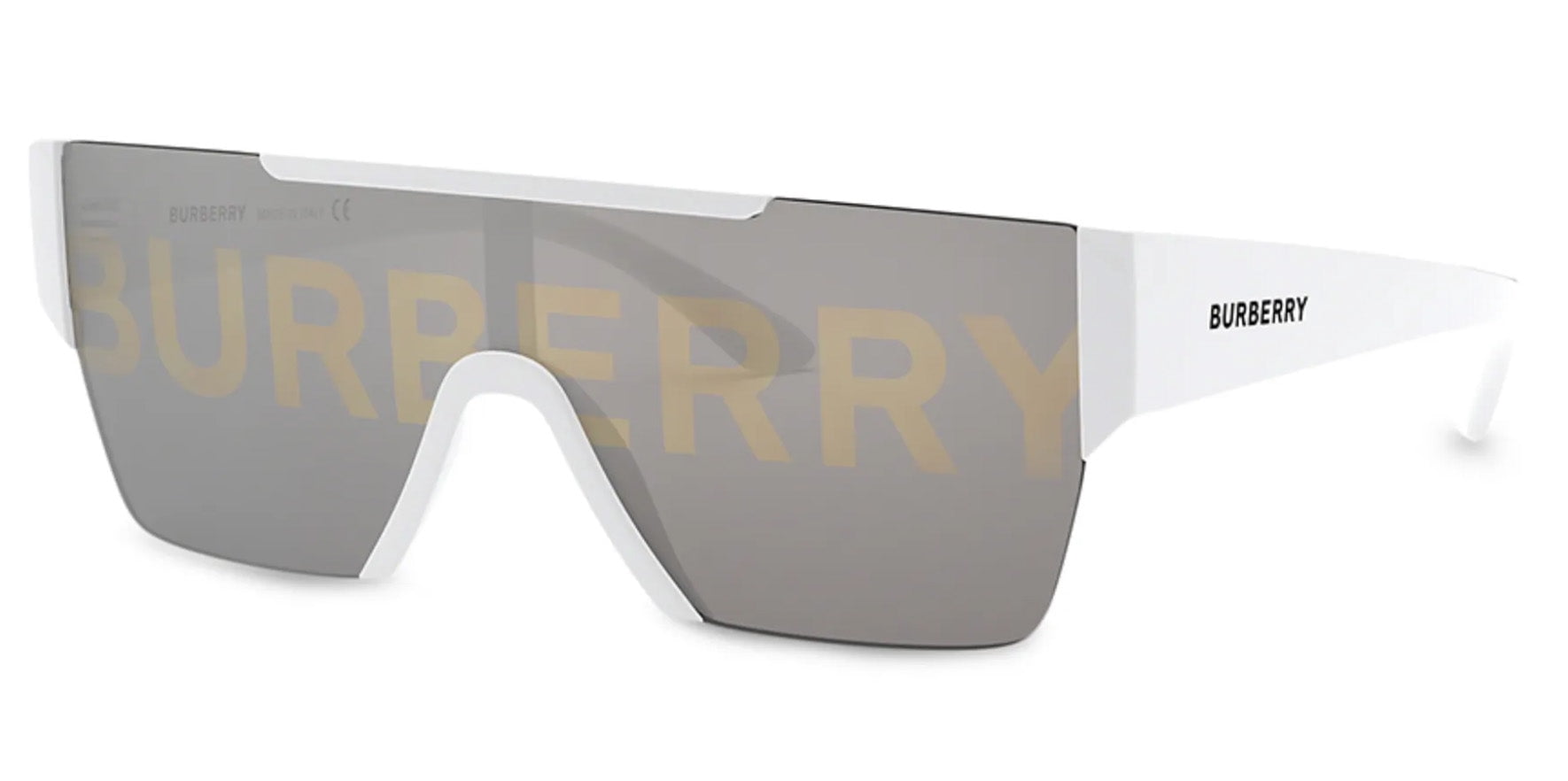 Burberry Men's White Flat Top Shield Sunglasses with Brand Graphic Mirror Lens Made in Italy