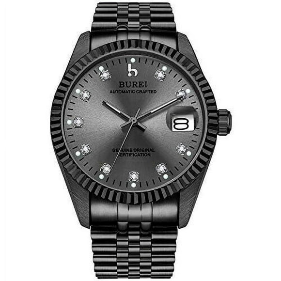 BUREI Men's Automatic Watch B-5003M Gray Date Display with Sapphire Crystal Rhinestone Markers Stainless Steel