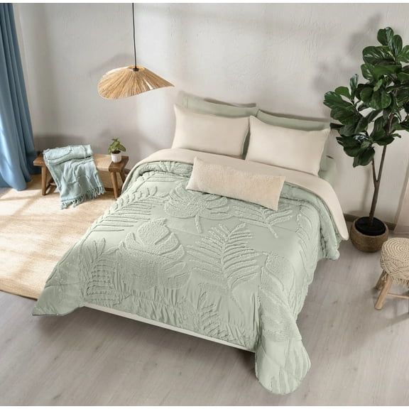 BURGOS LEAVES JACQUARD TEXTURE REVERSIBLE COMFORTER SET 4 PCS QUEEN SIZE MADE IN MEXICO