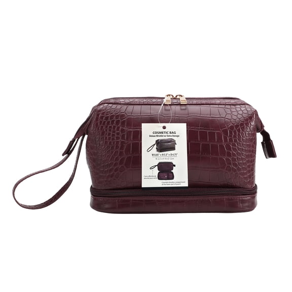 Walmart Deluxe Cosmetic Bag with Wristlet and Extra Storage, Wine Red Croc