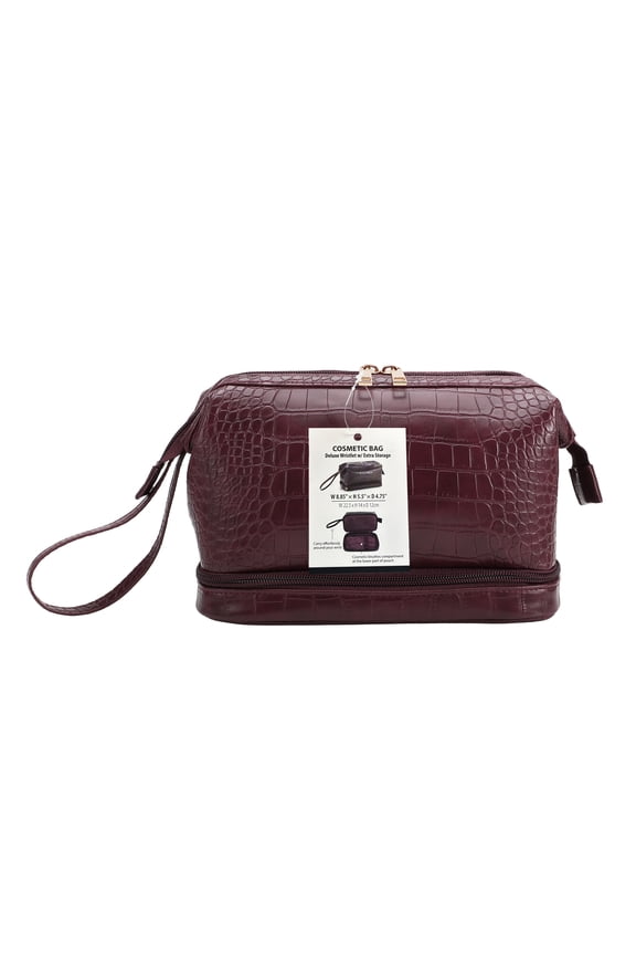 Deluxe Cosmetic Bag with Wristlet and Extra Storage, Wine Red Croc