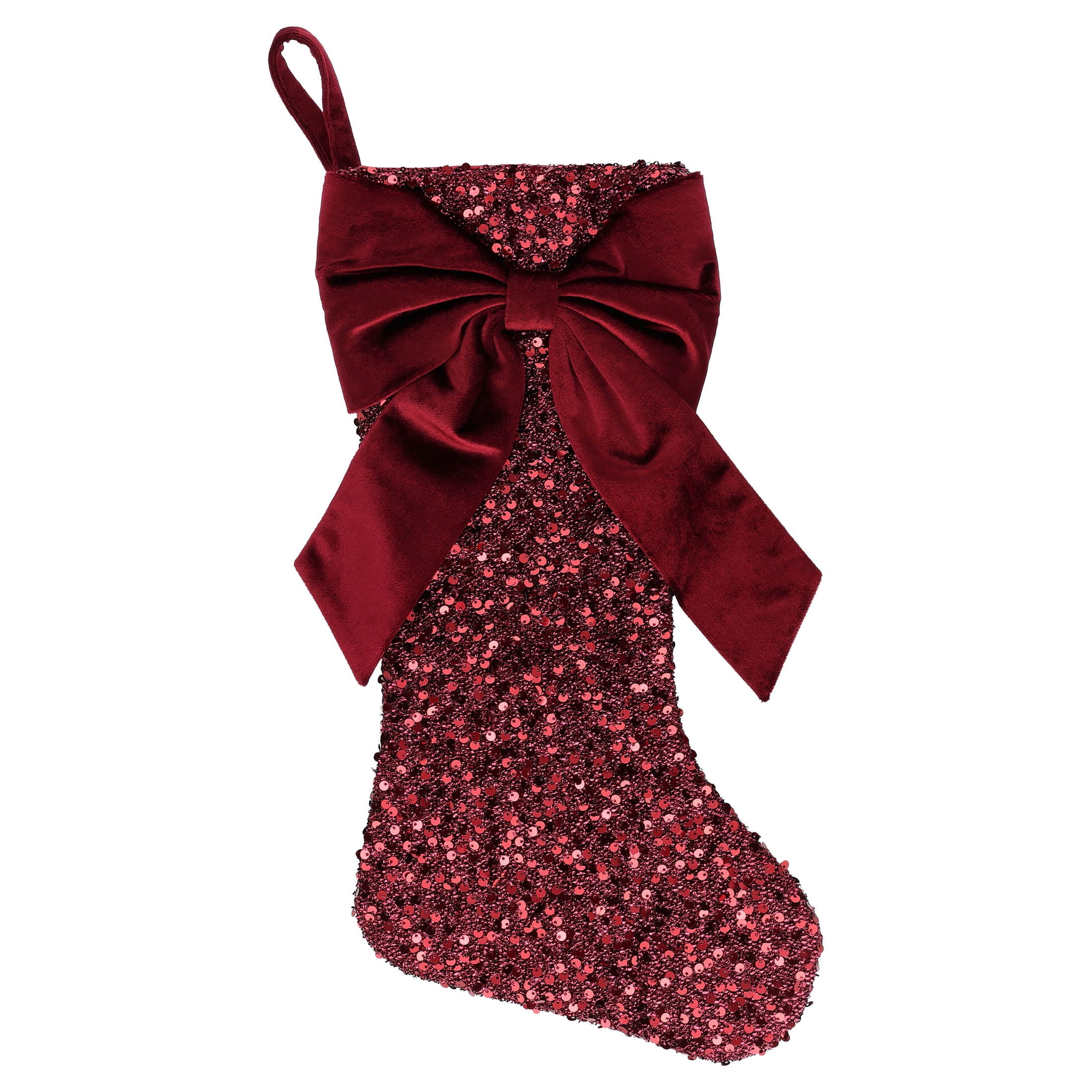 Sequin Christmas Stocking with Velvet Bow, Burgundy, 17", by Holiday Time