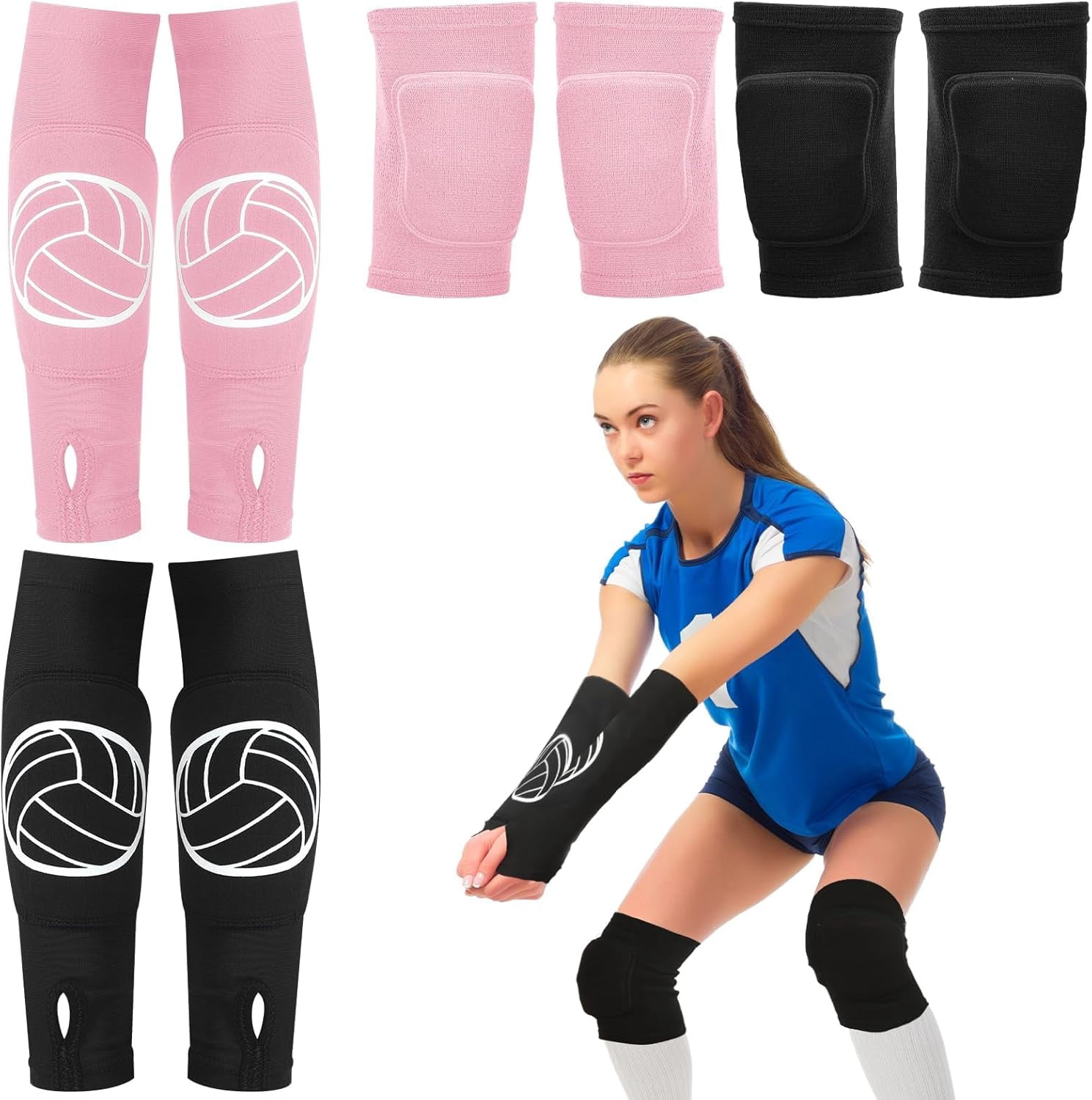 BURIBURI 2 Set Volleyball Knee Pads and Volleyball Arm Sleeves with Protection Pad Compression Forearm Wrist Guard with Thumb Hole Soft Breathable for Hitting Passing