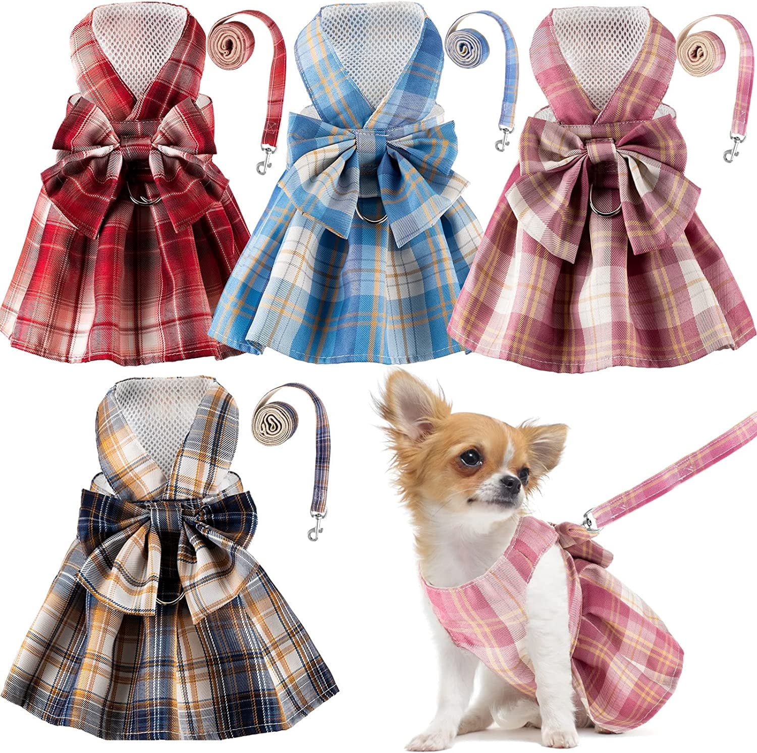 BURIBURI Dog Cat Harness with Leash Set, Doggy Dress Plaid Puppy Girl Skirt with Lead Rope, Cute No Pull Comfort Dog Harness Breathable Lightweight Vest Jacket for Rabbits Outdoor Training Walking