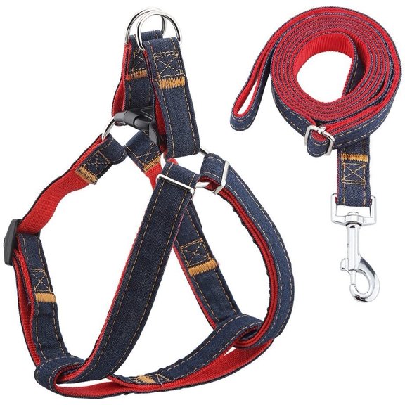 BURIBURI Dog Denim Leash Harness Adjustable Heavy Duty Durable Dog Collar No-Pull for Training Walking Running, Good for Large Medium Small Dog (M (10.23"-14.17" Chest Girth))